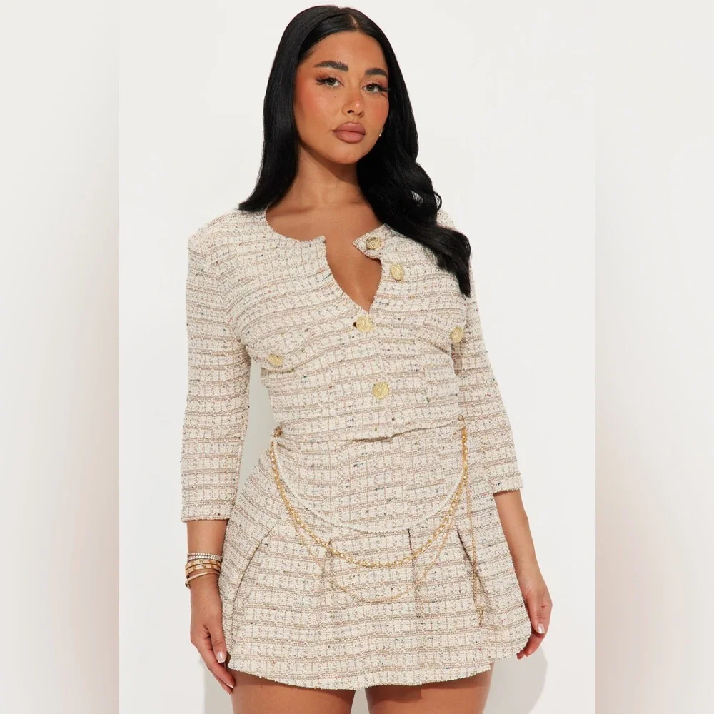 Fashion Nova Elegant Cream Tweed Skirt Set Size Large NWT - Picture 1 of 5